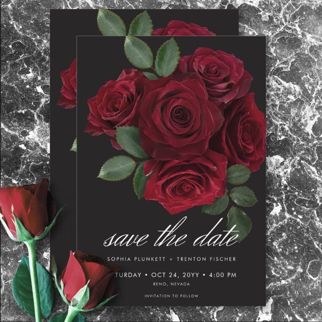 Elegant Moody Blood Red Roses Floral Wedding Save The Date (Elegant Moody Blood Red Roses Floral Wedding Save The Date)