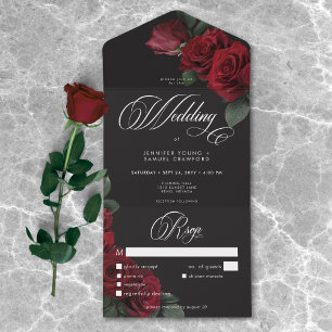 Elegant Moody Blood Red Roses Wedding Dinner All In One Invitation