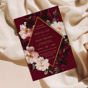 Elegant Moody Burgundy Blush Red Floral Wedding Invitation