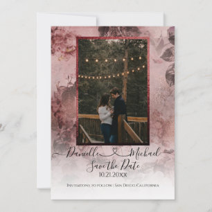 Elegant Moody Burgundy Floral Script Heart Photo Save The Date