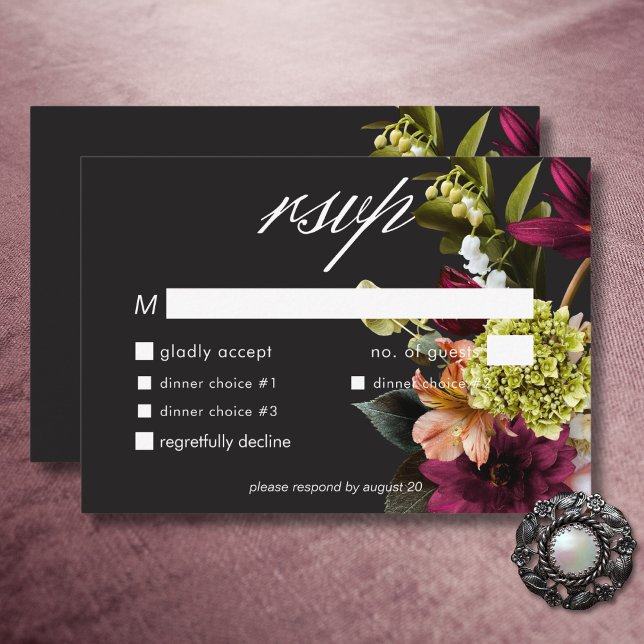Elegant Moody Burgundy & Pink Floral Dinner RSVP Card (Elegant Moody Burgundy & Pink Floral Dinner RSVP Card)