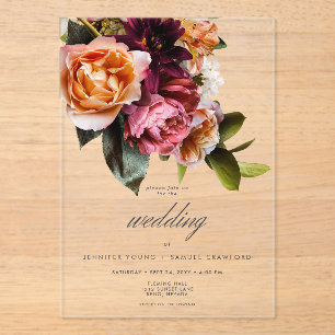 Elegant Moody Burgundy & Pink Floral Wedding Acrylic Invitations