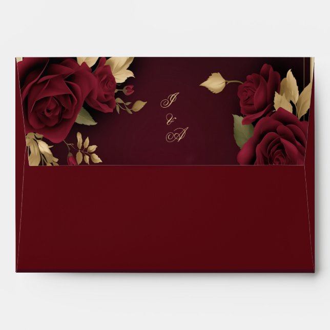 Elegant Moody Burgundy Red Floral and Gold Wedding Envelope (Back (Top Flap))