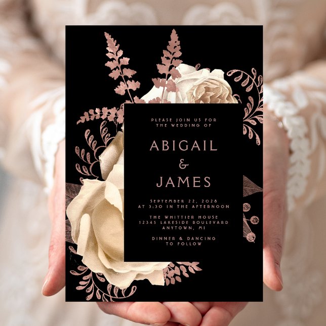 Elegant Moody Dark Floral Ivory Rose Gold Wedding Invitation (Creator Uploaded)