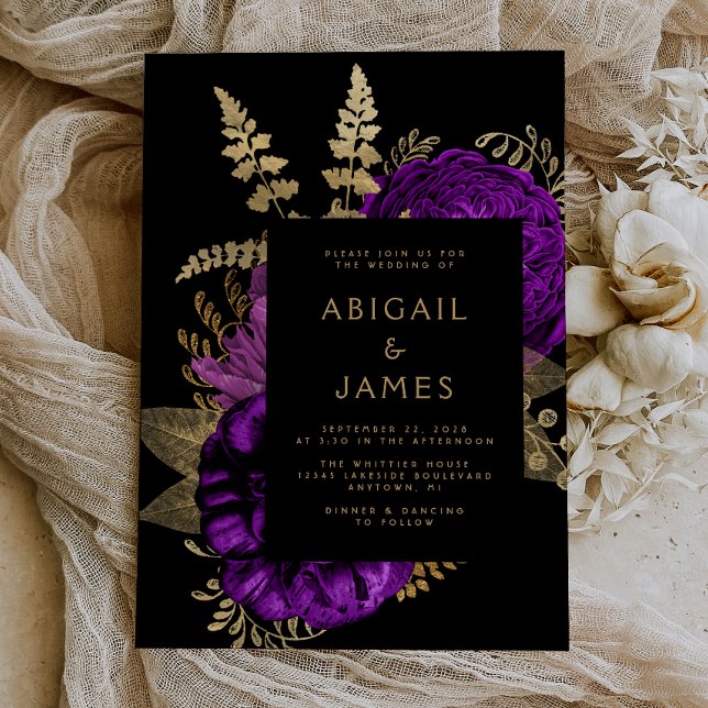 Elegant Moody Dark Floral Purple Gold Wedding Invitation (The perfect choice for a romantic purple and gold themed wedding.)