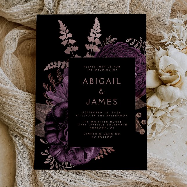 Elegant Moody Dark Floral Purple Rose Gold Wedding Invitation (The perfect choice for a romantic purple and rose gold themed wedding.)