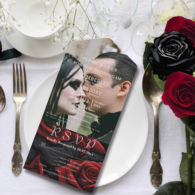 Elegant Moody Dark Gothic Red Rose on Black Photo All In One Invitation (Creator Uploaded)