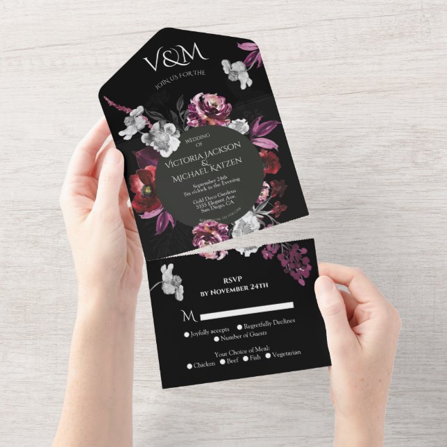 Elegant Moody Dark Purple Floral Wedding All In One Invitation (Tearaway)