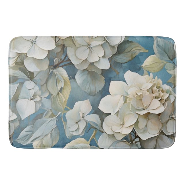 Elegant moody dusty blue watercolor florals bath mat (Front)
