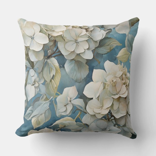 Elegant moody dusty blue watercolor florals cushion (Front)