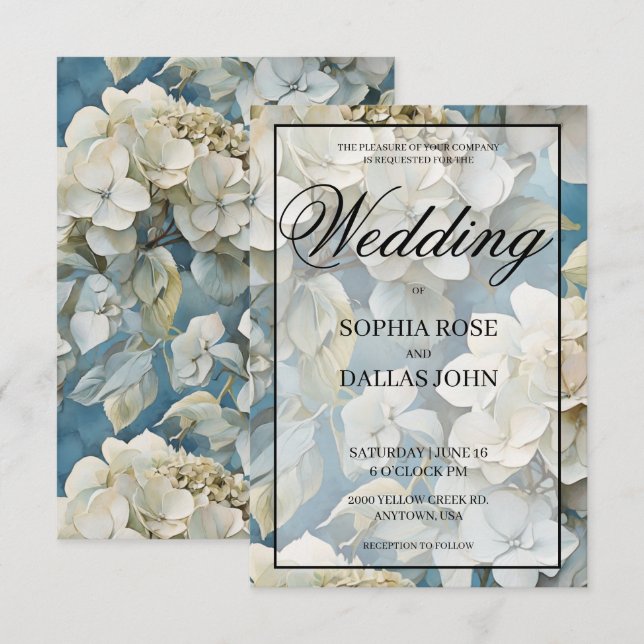 Elegant moody dusty blue watercolor florals invitation (Front/Back)