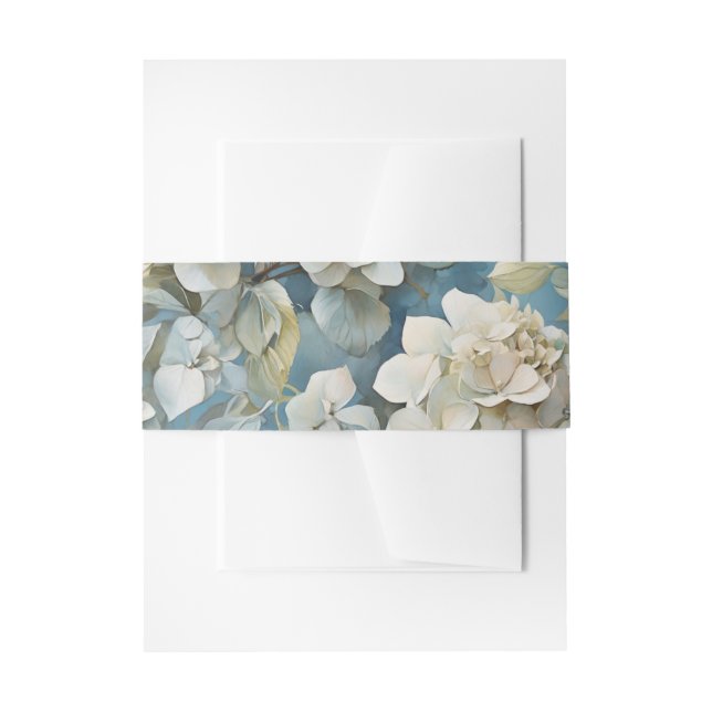 Elegant moody dusty blue watercolor florals invitation belly band (Front Example)