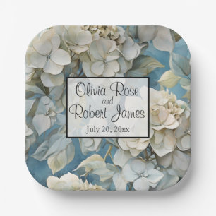 Elegant moody dusty blue watercolor florals paper plate
