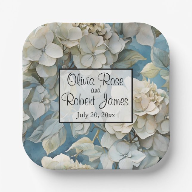 Elegant moody dusty blue watercolor florals paper plate (Front)