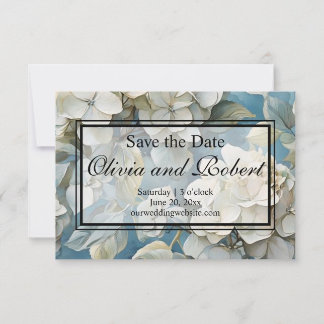 Elegant moody dusty blue watercolor florals save the date (Front)
