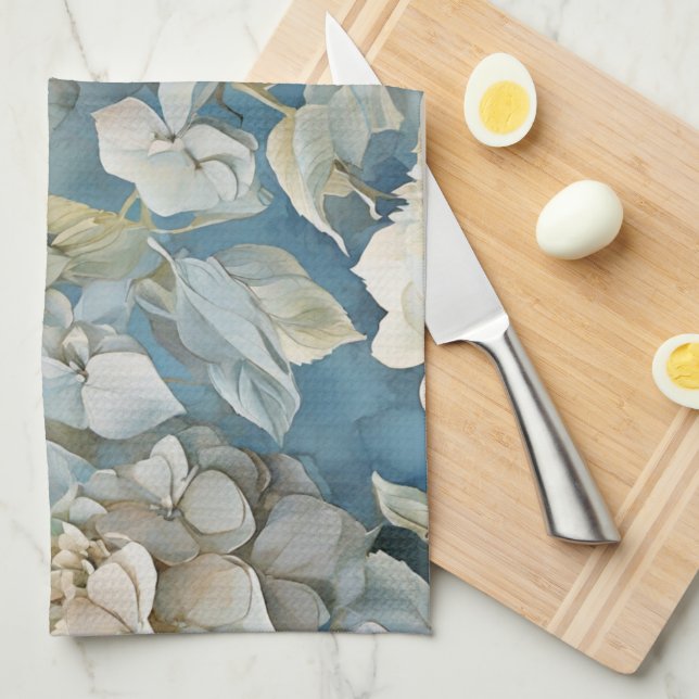 Elegant moody dusty blue watercolor florals tea towel (Quarter Fold)