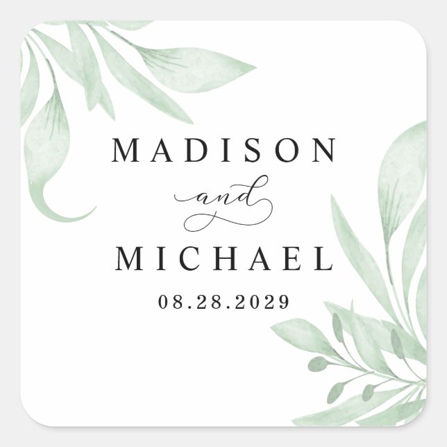 Elegant Moody Eucalyptus Leaves Greenery Wedding Square Sticker (Front)