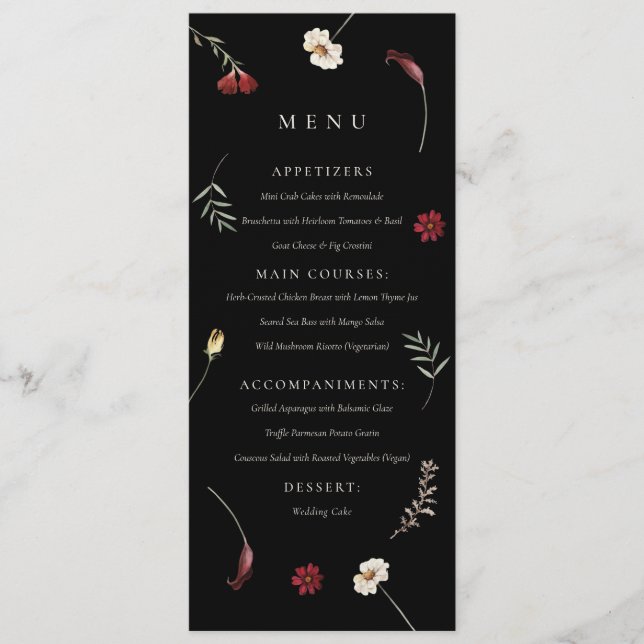 Elegant Moody Fall Autumn Wildflower Wedding  Menu (Front)
