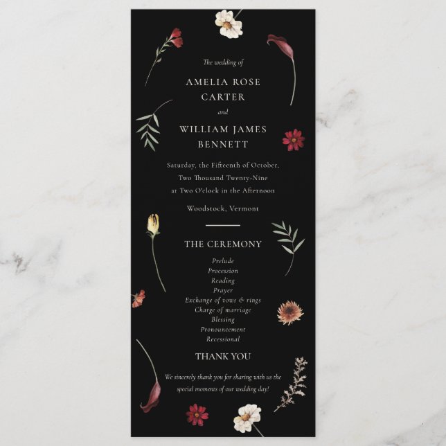Elegant Moody Fall Autumn Wildflower Wedding  Programme (Front)