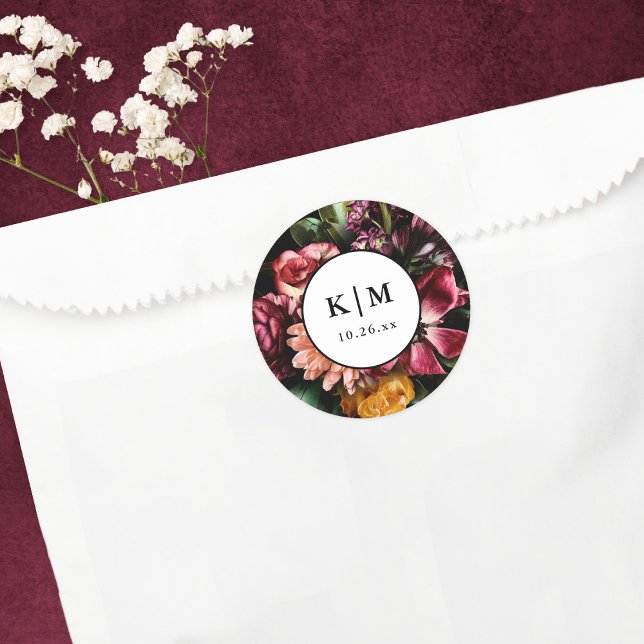Elegant + Moody Floral Black Wedding Classic Round Sticker (Creator Uploaded)
