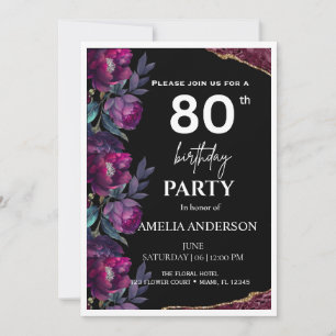 Elegant Moody Floral Burgundy Black 80th Birthday Invitation