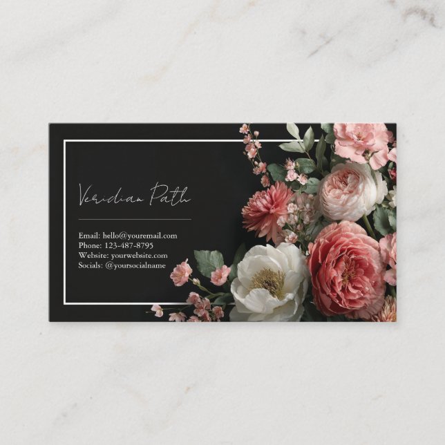 Elegant Moody Floral Pink Peony  Business Card (Front)
