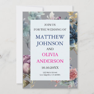 Elegant Moody Floral Slate Grey Wedding invit Invitation