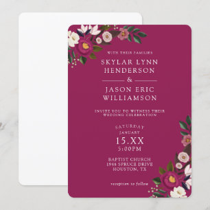 Elegant Moody Floral Watercolor Burgundy Wedding Invitation
