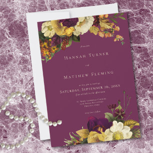 Elegant Moody Jewel Vintage Floral Wine Wedding Invitation