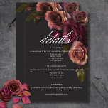 Elegant Moody Muted Rust & Burgundy Floral Details Enclosure Card<br><div class="desc">Embrace timeless elegance for your gothic-inspired celebration with our captivating wedding details enclosure card. A soft black background provides the perfect canvas for a captivating, yet understated bouquet. Imagine a corner arrangement of muted rose blooms, where soft rust blush and rich burgundy hues mingle with dark green foliage. This ethereal...</div>