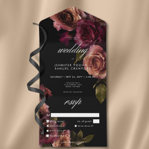 Elegant Moody Muted Rust & Burgundy Floral Dinner All In One Invitation