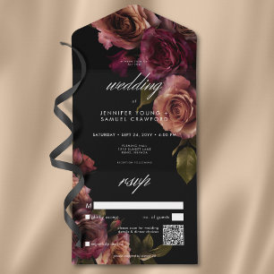 Elegant Moody Muted Rust & Burgundy Floral QR Code All In One Invitation