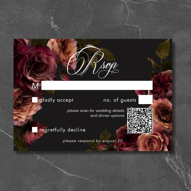 Elegant Moody Muted Rust & Burgundy Floral QR Code RSVP Card (Elegant Moody Muted Rust & Burgundy Floral QR Code RSVP Card)