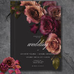 Elegant Moody Muted Rust & Burgundy Floral Wedding Invitation<br><div class="desc">Embrace timeless elegance for your gothic-inspired celebration with our captivating wedding invitation. A soft black background provides the perfect canvas for a captivating, yet understated bouquet. Imagine a corner arrangement of muted rose blooms, where soft rust blush and rich burgundy hues mingle with dark green foliage. This ethereal design exudes...</div>