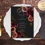 Elegant Moody Muted Rust & Burgundy Floral Wedding Menu<br><div class="desc">Embrace timeless elegance for your gothic-inspired celebration with our captivating small card wedding menu. A soft black background provides the perfect canvas for a captivating, yet understated bouquet. Imagine a corner arrangement of muted rose blooms, where soft rust blush and rich burgundy hues mingle with dark green foliage. This ethereal...</div>