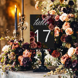 Elegant Moody Muted Rust & Burgundy Floral Wedding Table Number<br><div class="desc">Embrace timeless elegance for your gothic-inspired celebration with our captivating table number card. A soft black background provides the perfect canvas for a captivating, yet understated bouquet. Imagine a corner arrangement of muted rose blooms, where soft rust blush and rich burgundy hues mingle with dark green foliage. This ethereal design...</div>