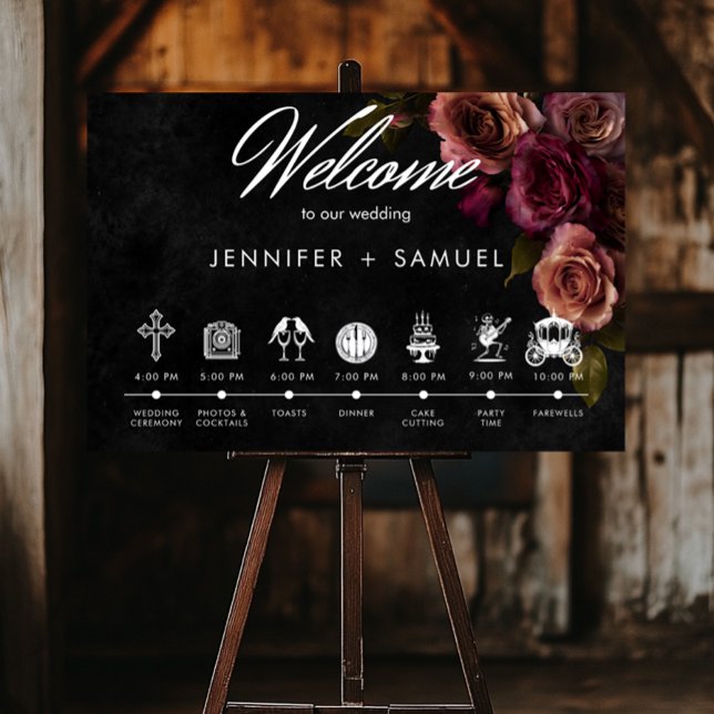 Elegant Moody Muted Rust Burgundy Order of Events Poster (Elegant Moody Muted Rust & Burgundy Floral Wedding Poster)