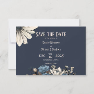 Elegant Moody Navy Blue Floral  Save The Date