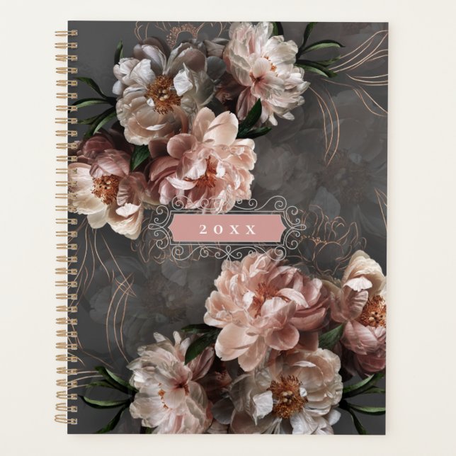 Elegant Moody Pink Flowers Vintage Swirls Custom Planner (Front)