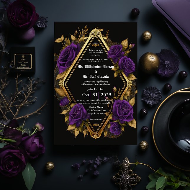 Elegant Moody Purple & Gold Gothic Wedding  Invitation (Elegant Gothic Purple and Gold Wedding Invitation)
