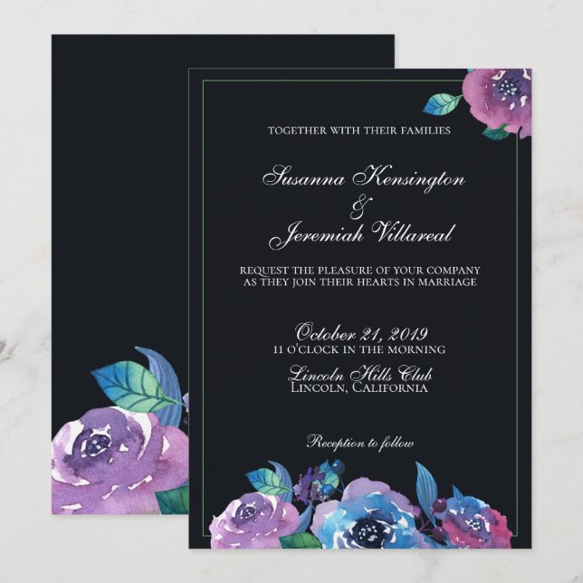 Elegant Moody Purple Watercolor Floral Wedding Invitation (Front/Back)