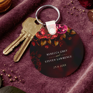 Elegant Moody Red Black Floral Wedding Gift Key Ring