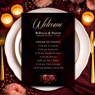 Elegant moody red black floral wedding programme
