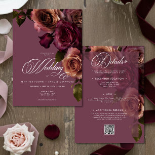Elegant Moody Rust Burgundy Floral QR Code Wedding Invitation
