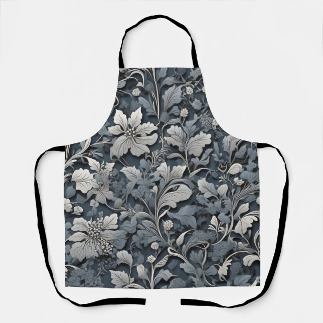 Elegant moody silver white grey floral apron (Front)