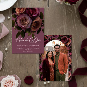 Elegant Moody Soft Rust & Burgundy Floral Photo Save The Date