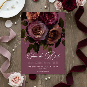 Elegant Moody Soft Rust & Burgundy Floral Wedding Save The Date