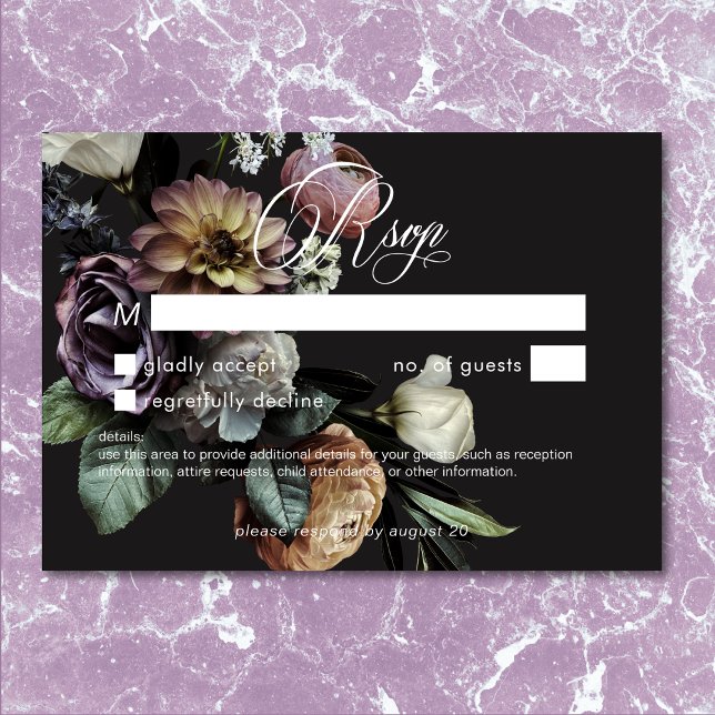 Elegant Moody Twilight Muted Floral No Dinner RSVP Card (Elegant Moody Twilight Muted Floral No Dinner RSVP)