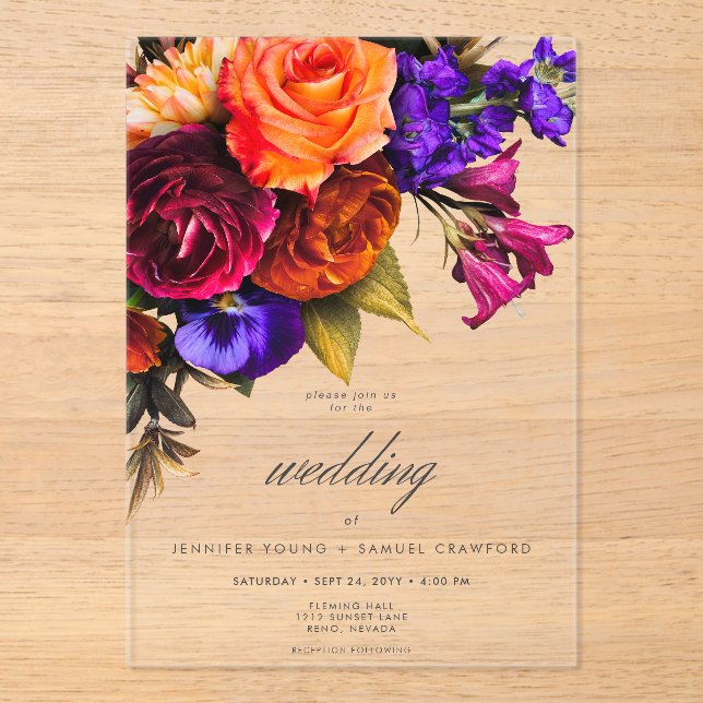 Elegant Moody Vibrant Harvest Floral Wedding Acrylic Invitations (Front)