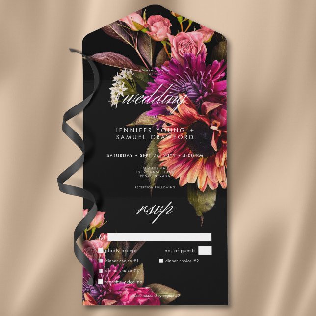 Elegant Moody Vibrant Sunset Floral Dinner All In One Invitation (Elegant Moody Vibrant Sunset Floral QR Code All In One Invitation)